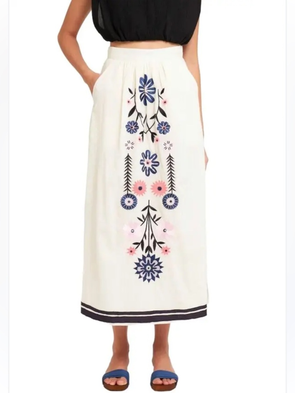 Anthro Antik Batik Embroidered Cottagecore Prairie Cream Floral Midi Skirt NWT